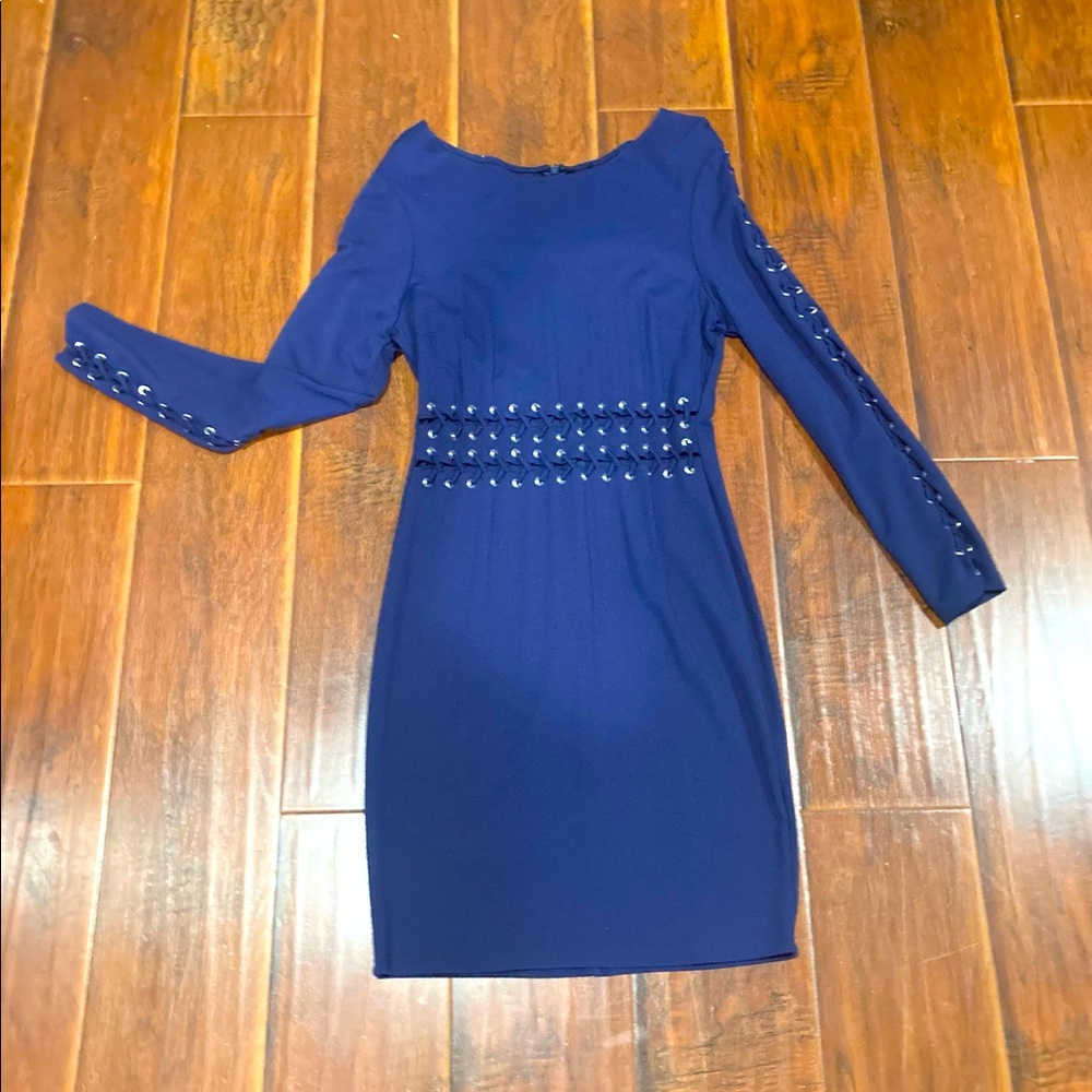 Sale- Womens blue knee length dress with lace up sleeves